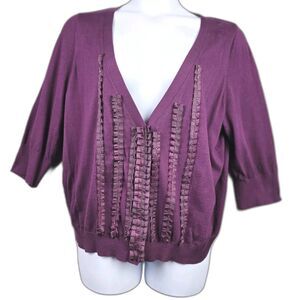 Lane Bryant Cardigan Plum 22 24 Cotton Ribbon Trim V Neck Button Boho